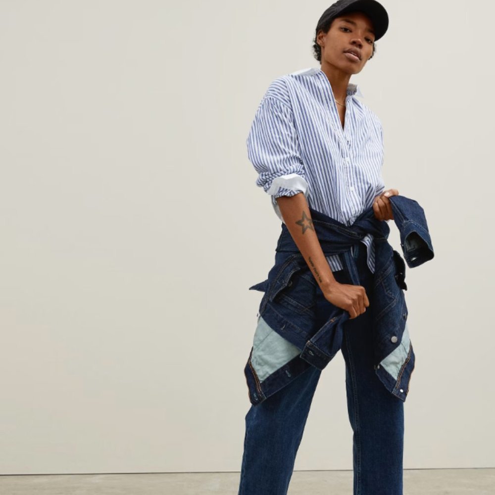 Everlane Blue White Stripe The Silky Cotton Relaxed Shirt Size 6 - no tags - Picture 2 of 7